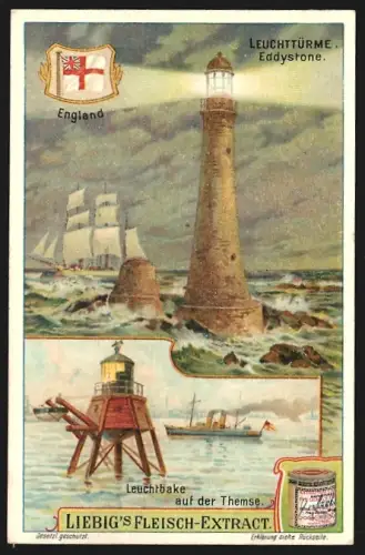 6 Sammelbilder Liebig, Serie Nr. 891: Leuchttürme, Konstanza, Le Havre, Eddystone, Kap St. Vincent, Rotesand, Messina