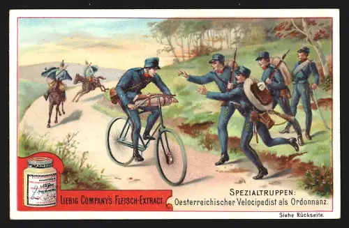 6 Sammelbilder Liebig, Serie Nr. 510: Spezialtruppen, Elephanten-Batterie Ostindien, Kamelreiter in Ägypten, Jäger