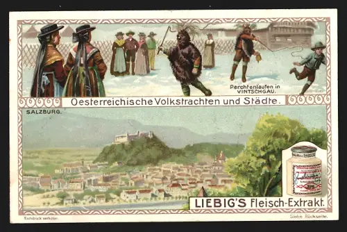 6 Sammelbilder Liebig, Serie Nr. 1089: Österreichische Volkstrachten und Städte, Wien, Traunsee, Steiermark, Gemsjagd
