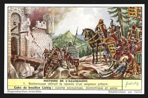 6 Sammelbilder Liebig, Serie Nr. 1630: Histoire de l`Allemagne, Frédéric II recoit le Laudon, La roi proclamé empereur