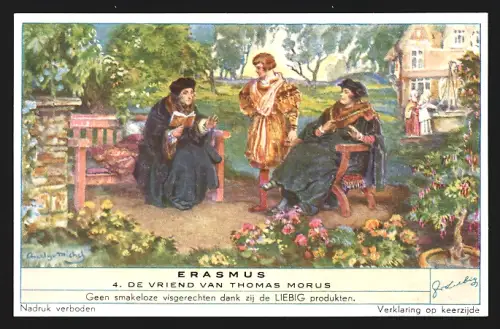 6 Sammelbilder Liebig, Serie Nr. 1491: Erasmus, Student en repetitor te Parijs, te anderlecht bij Brussel