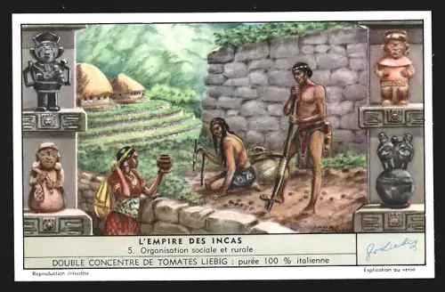 6 Sammelbilder Liebig, Serie Nr. 1591: L`Empire des Incas, Arts et Religion, Architecture, Civilisations antérieures