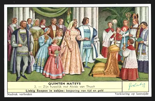 6 Sammelbilder Liebig, Serie Nr. 1736: Quinten Matsys, In zijn smidse te Leuven, Hans Holbein bezoekt Quinten