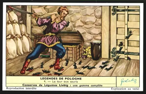 6 Sammelbilder Liebig, Serie Nr. 1731: Legendes de Pologne, Krakus et le dragon, Wanda, Baptême de la Pologne