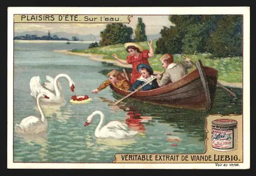 6 Sammelbilder Liebig, Serie Nr. 991: Plaisirs d`Été, Au parc, promenade, joyeuse excursion