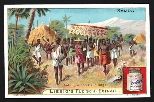 6 Sammelbilder Liebig, Serie Nr. 704: Samoa, Samoanische Schönhaut, Hafen von Apia, Tänzerin im Dorf