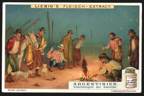 6 Sammelbilder Liebig, Serie Nr. 973: Argentinien, Tanz der Gauchos, Austrieb aus dem Corral, ein Rancho
