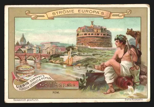 6 Sammelbilder Liebig, Serie Nr. 557: Ströme Europas, Seine in Paris, Rhein durch Rüdesheim, Tiber in Rom