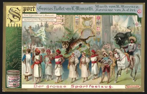 6 Sammelbilder Liebig, Serie Nr. 574: Ballet von Manzotti, Massentableau, Grosses Schnee-Ballabile, Grand Prix