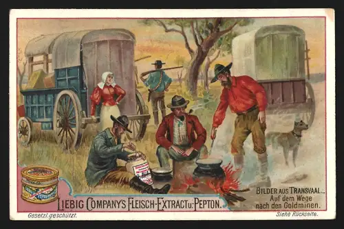 6 Sammelbilder Liebig, Serie Nr. 606: Bilder aus Transvaal, Boeren-Farm, Die Post, Goldminen am Rand