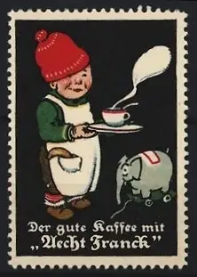 Reklamemarke Aecht Franck, Kind mit Tasse und Spielzeugelefant