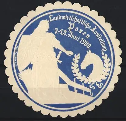 Reklamemarke Posen, Landwirtschaftliche Ausstellung 1900, Statue und Pferd