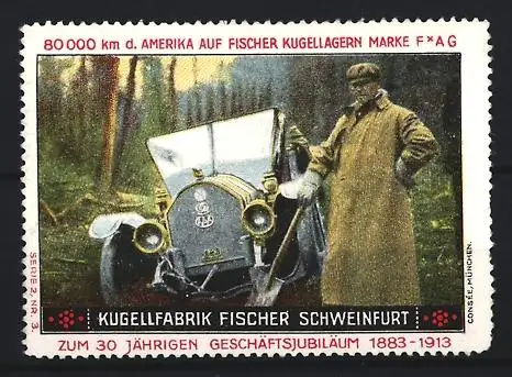 Reklamemarke Schweinfurt, Kugelfabrik Fischer, Kugellager, Auto im Wald
