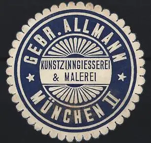 Reklamemarke München, Gebr. Allmann, Kunstzinngiesserei & Malerei, Emblem mit Kreismuster