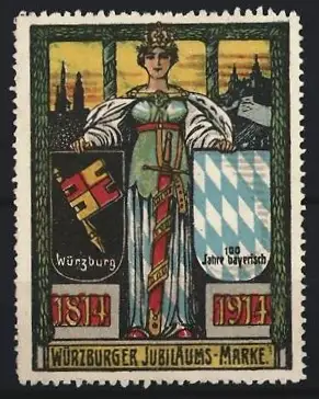 Reklamemarke Würzburg, Jubiläumsmarke, 100 Jahre bayrisch, Frau mit Wappen und Schwert