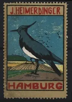 Reklamemarke Hamburg, J. Heimerdinger, Feinkostgeschäft, Kiebitz auf Feld