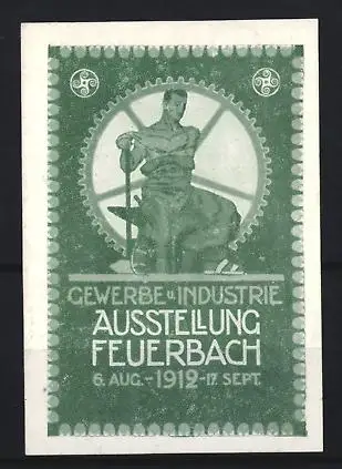 Reklamemarke Feuerbach, Gewerbe- und Industrieausstellung 1912, Zahnrad und Arbeiterfigur