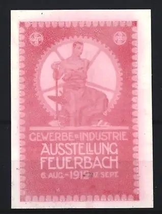 Reklamemarke Feuerbach, Gewerbe u. Industrie Ausstellung 1912, Figur mit Zahnrad, rot