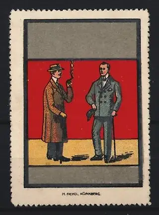 Reklamemarke Nürnberg, M. Fickel, Reklamemarken-Verlag, Zwei Herren im Gespräch