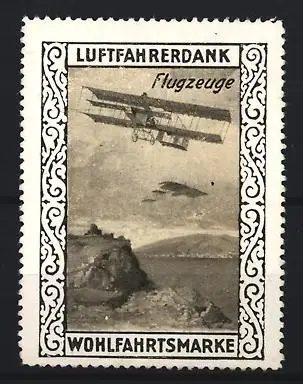 Reklamemarke Wohlfahrtsmarke, Flugzeuge, Doppeldecker über Küste