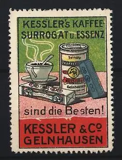 Reklamemarke Gelnhausen, Kessler & Co., Kaffee-Surrogat u. Essenz, Kaffeetasse und Produktverpackung