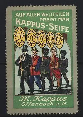 Reklamemarke Offenbach a.M., M. Kappus, Seife, Männer mit Schildern