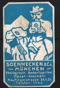 Reklamemarke München, Soennecken & Co., Bedarfsartikel für Photographen, Fotograf mit Kamel
