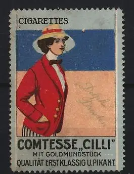 Reklamemarke Comtesse Cilli, Cigarettes, Dame in rotem Jackett mit Zigarette
