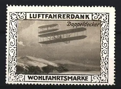 Reklamemarke Wohlfahrtsmarke, Luftfahrerdank, Doppeldecker im Flug