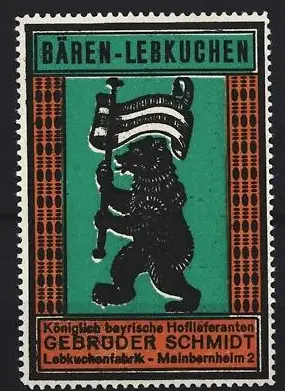 Reklamemarke Mainbernheim, Gebrüder Schmidt, Lebkuchenfabrik, Bär mit Fahne
