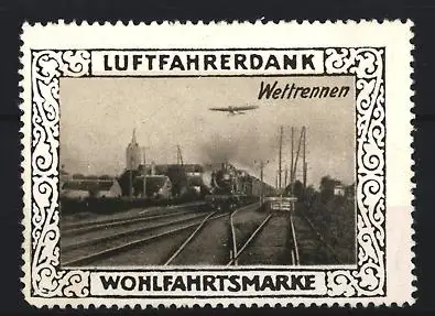 Reklamemarke Wohlfahrtsmarke, Wettrennen, Flugzeug über Zug