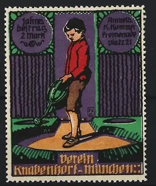 Reklamemarke München, Verein Knabenhort, Junge mit Giesskanne