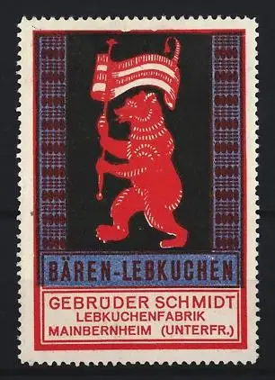 Reklamemarke Mainbernheim, Gebrüder Schmidt, Bären-Lebkuchen, Roter Bär mit Fahne