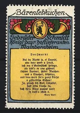 Reklamemarke Mainbernheim, Gebrüder Schmidt, Bärenlebkuchen, Dichtervers