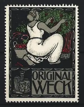 Reklamemarke Original Weck, Einmachgläser, Frau bei der Ernte von Tomaten