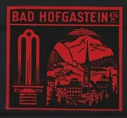 Reklamemarke Bad Hofgastein, Berglandschaft und Gebäudeansicht