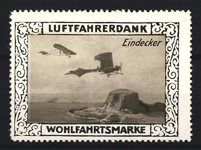 Reklamemarke Wohlfahrtsmarke Luftfahrerdank, Eindecker über Küste