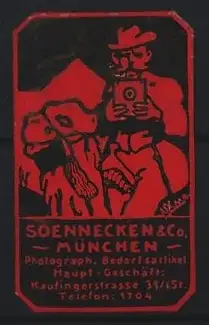 Reklamemarke München, Soennecken & Co., Fotografiebedarf, Fotograf mit Kamera