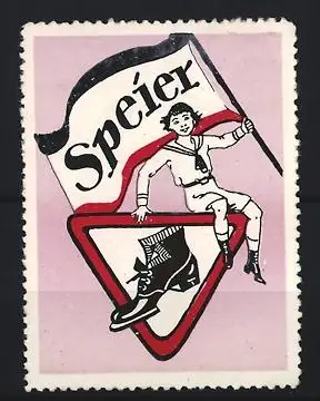 Reklamemarke Speier, Schuhe, Junge mit Schuh, Dreieckssymbol