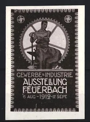 Reklamemarke Feuerbach, Gewerbe u. Industrie Ausstellung 1912, Zahnradsymbol