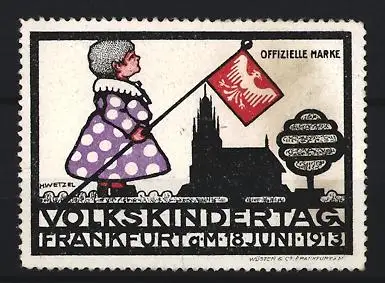 Reklamemarke Frankfurt, Volkskindertag 8. Juni 1913, Kind mit Fahne