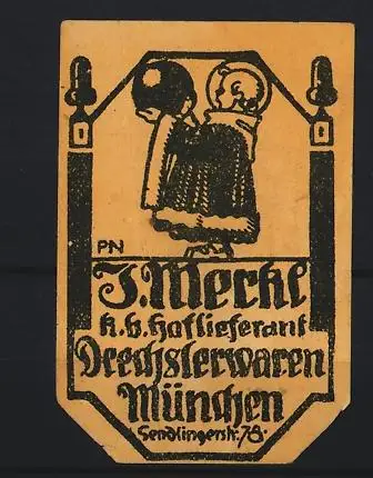 Reklamemarke München, J. Meckl, Holzspielzeuge und Drechslerwaren, Kind mit Kugel