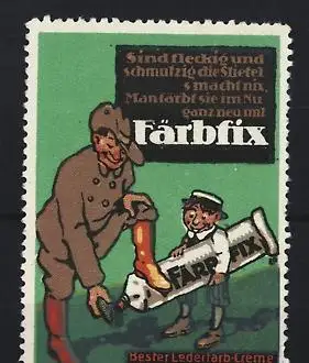 Reklamemarke Färbfix, Lederfärbe-Creme, Mann und Junge mit Schuhcreme-Tube