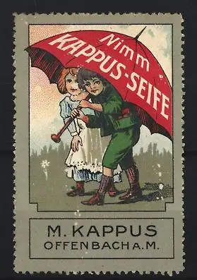 Reklamemarke Offenbach a.M., M. Kappus, Kappus-Seife, Kinder mit Regenschirm