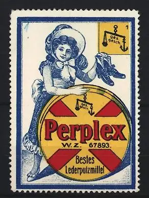 Reklamemarke Perplex Lederputzmittel, Mädchen mit Schuhen