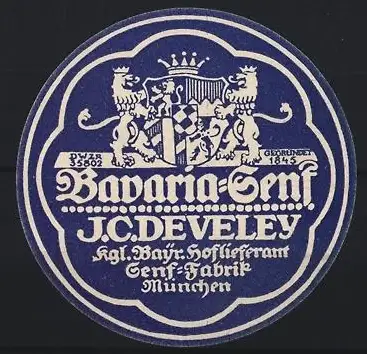 Reklamemarke München, J.C. Develey, Bavaria-Senf, bayerisches Wappen
