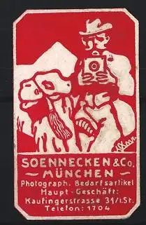 Reklamemarke München, Soennecken & Co., Fotografiebedarf, Fotograf mit Kamera und Hunden