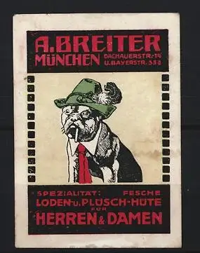 Reklamemarke München, A. Breiter, Hüte für Herren und Damen, Hund mit Hut und Zigarette