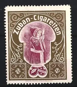 Reklamemarke Zuban-Cigaretten, Münchner Kindl mit Zigarette, stilisiertes Emblem