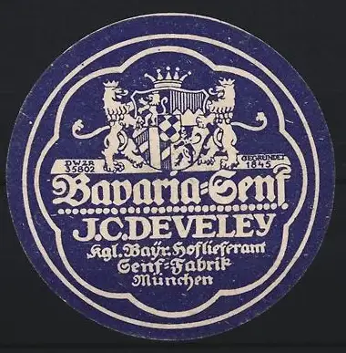 Reklamemarke München, J.C. Develey, Bavaria-Senf, Bayerisches Wappen